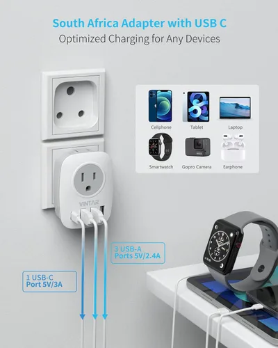 Vista 4 de Paquete de 2 adaptadores de enchufe de Sudáfrica, adaptador de enchufe VINTAR tipo M con 1 USB C, 3 puertos USB y 2 enchufes estadounidenses