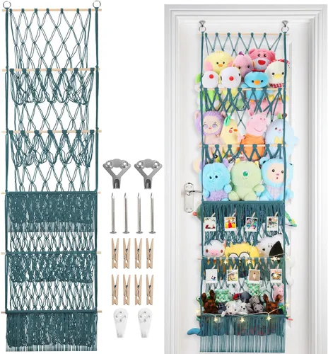 Vista 17 de Red de almacenamiento de animales de peluche de 2 niveles, 17 x 32 pulgadas, organizador grande de animales de peluche para pequeños rellenos