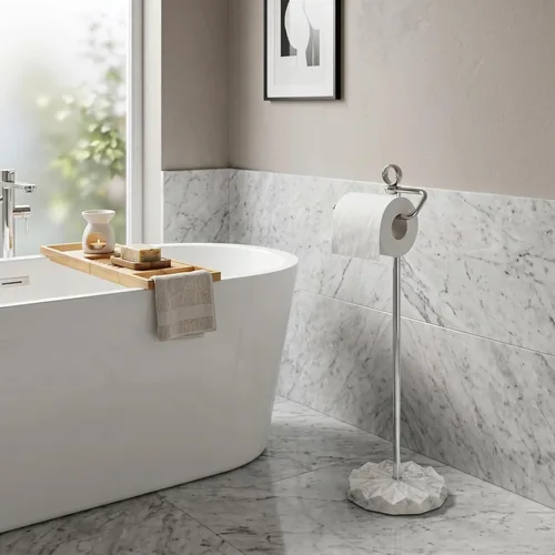 Vista 6 de ROLABAM Moderno soporte de papel higiénico independiente con base ponderada con patrón de mármol blanco, soporte de papel de metal a prueba de óxido