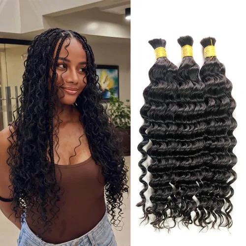 Vista 7 de Cabello humano ondulado a granel, 4 paquetes (7.05 oz) negro natural, 16, 18, 20, 22 pulgadas, sin trama, para caja sin costuras y trenzas bohemias