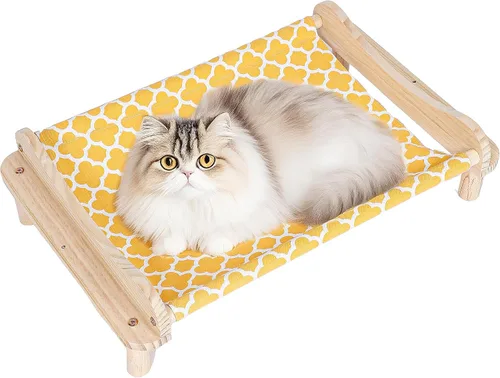 Vista 14 de Cama elevada de madera para gatos – 24 x 15.7 x 5.9 pulgadas, hamaca transpirable para mascotas para uso en interiores y exteriores, tumbona elevada