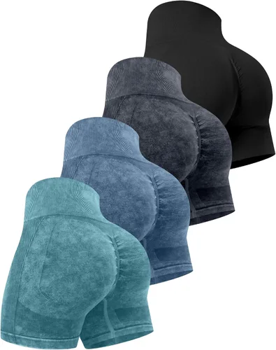 Vista 18 de CHRLEISURE Pantalones Cortos de Entrenamiento para Mujer, 4 Paquetes, Cintura Alta, Levantamiento de Glúteos con Fruncido, Pantalones Cortos Booty