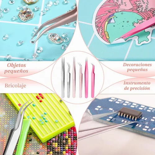 Vista 5 de Mudder 6 pinzas de pestañas de alta precisión para extensiones de pestañas, punta recta y curva, acero inoxidable para volumen de pestañas Colorido