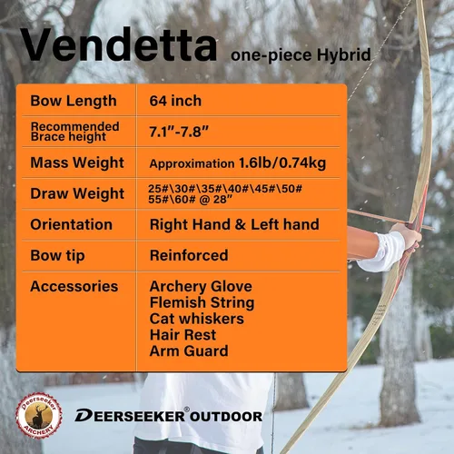 Vista 2 de Deerseeker Tiro con Arco 64" Reflex Deflex Híbrido de Una Pieza Arco Largo Tradicional con Miembros de Bambú Laminado y Fibra de Vidrio Transparente