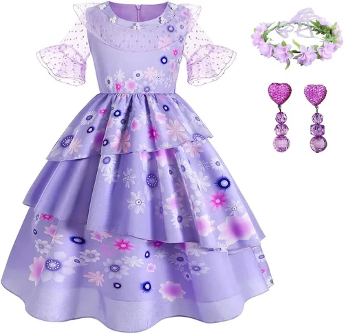 Vista 8 de Disfraz de Mirabel de Encanto para niñas, disfraz de Isabella, disfraz de princesa de Halloween con aretes