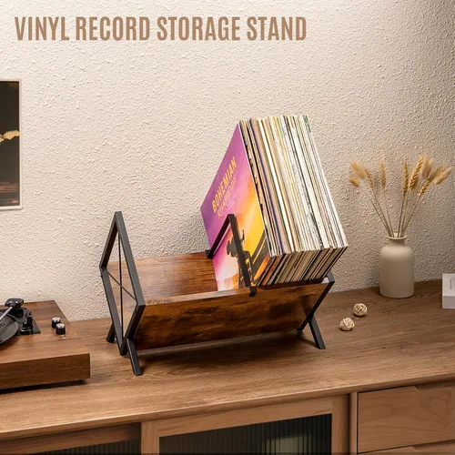 Vista 2 de Estante de almacenamiento de discos de vinilo, soporte para 80 discos de vinilo, estante de exhibición de vinilo de 1 nivel con divisor ajustable