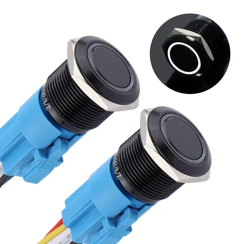 Vista 13 de 2 piezas de interruptor de botón de cierre antivandálico de metal impermeable de 0.630 in, carcasa negra autobloqueante con enchufe precableado