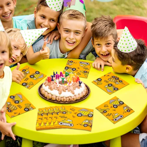 Vista 8 de DYLIVeS Servilletas de fiesta con temática de construcción, servilletas de fiesta de cóctel, servilletas de papel desechables de tractor amarillo