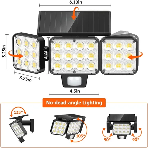 Vista 7 de WdtPro Luces solares para exteriores, 3500 lúmenes, sensor de movimiento brillante, luces para exteriores, 3 cabezales y panel de vidrio mejorado
