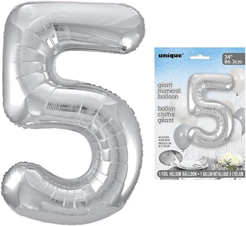 Vista 2 de Unique Globo de papel aluminio con forma de número 5, 34 pulgadas, plateado