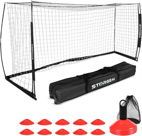 Vista 9 de Storgem Portería de Fútbol, Red de Fútbol, Porterías de Fútbol para Patio Trasero, con Marco de Lazo, Base Metálica Plegable y 15 Conos