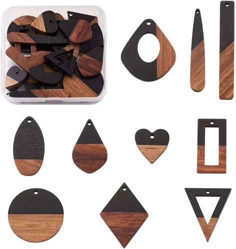 Vista 10 de Beadthoven - Abalorios de madera de resina, aretes de bricolaje para hacer dijes, colgantes de madera de resina geométrica, piezas bohemias