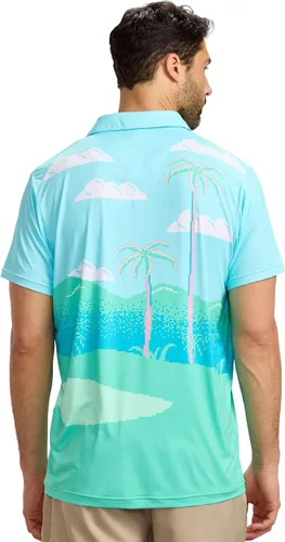 Vista 5 de Tipsy Elves Camiseta polo de golf divertida para hombre - Ropa de golf novedosa Paraíso azul de 8 bits