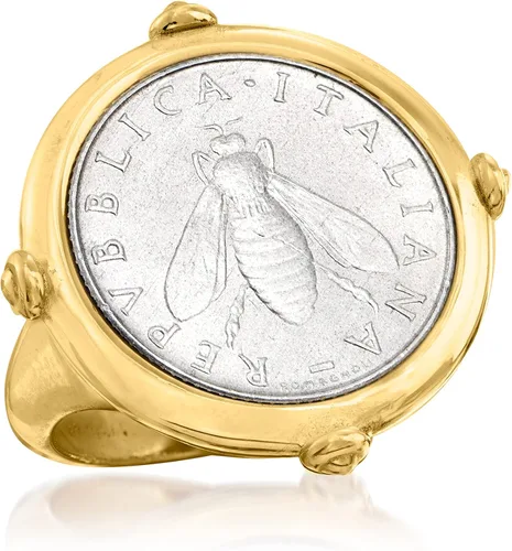 Vista 4 de Ross-Simons Anillo italiano de oro de 18 quilates sobre plata esterlina con moneda de abejorro genuino de 2 lira