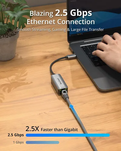 Vista 2 de BrosTrend Adaptador USB C a Ethernet de 2.5 Gb, Plug & Play 2.5 Gigabit USB a RJ45 (compatible con Thunderbolt) para laptop, MacBook, iPad, iPhone
