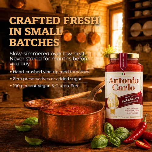 Vista 5 de ¡NUEVO! Antonio Carlo Autentico Italiano (3 Generaciones) Salsa de Marinara Artesanal Gourmet – FRESCO, Sin Conservantes, Salsa Vegana de Espagueti
