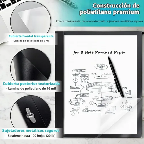 Vista 3 de Cubiertas de informes resistentes con 3 puntas, capacidad para 100 hojas Negro