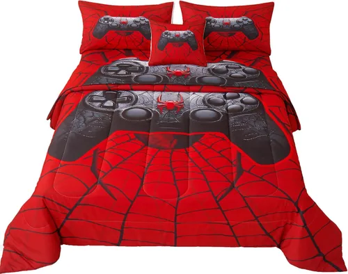 Vista 13 de Juego de edredón de 6 piezas para videojugadores de temática negra, para niños, adolescentes y adultos, con edredón, sábana encimera, sábana bajera