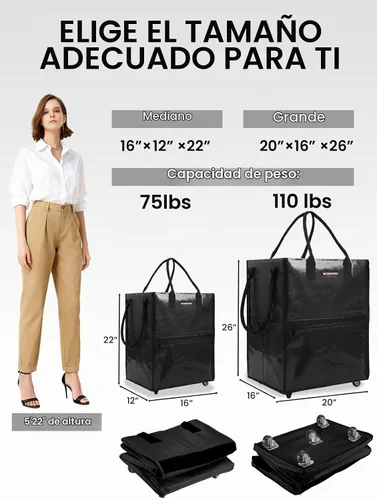 Vista 2 de WORKPRO Bolsa de comestibles mediana con ruedas, bolsa de compras de 18 galones con 4 ruedas