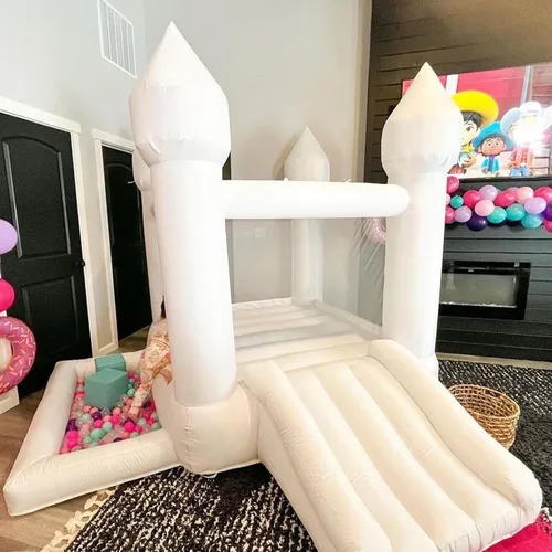 Vista 3 de iLink-outer Casa de rebote blanca para niños con soplador de bola deslizante Oxford White Castle 108 x 108 x 84 pulgadas, regalo de fiesta