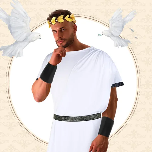 Vista 5 de SATINIOR 4 piezas de carnaval para hombre, disfraz de Toga, disfraz de Dios griego para adultos, disfraz de Toga romano con hoja de laurel y pulsera