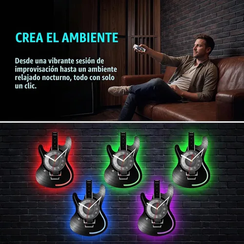Vista 2 de Reloj de pared de guitarra de 12 pulgadas con 7 modos luminosos, regalo Con luz