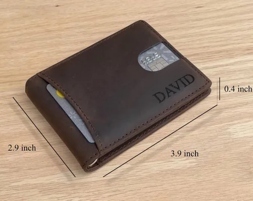 Vista 2 de Cartera minimalista de cuero personalizada para hombre, cartera delgada personalizada, regalo para élmarido, novio, aniversario, papá, hijo