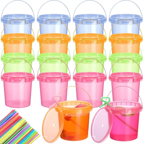 Vista 9 de Funnymoom Paquete de 36 cubos de plástico para ron para bebidas con pajita, cubeta de cóctel para helado, con tapas y asas, recipientes de alimentos