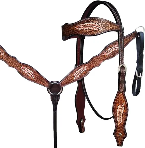 Vista 3 de HILASON Western HorseHeadstall - Juego de tachuelas de cuero americano con cuello de pecho