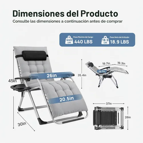 Vista 2 de DUMOS Silla de gravedad cero, silla de descanso para exteriores con Gris
