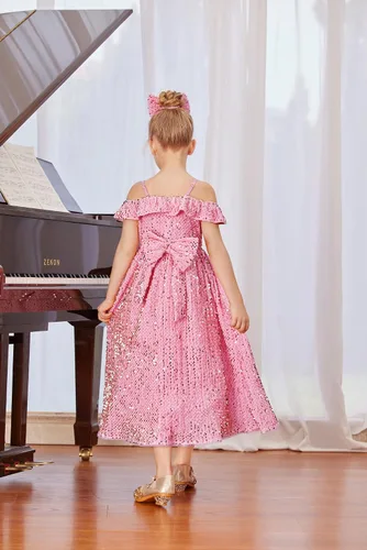 Vista 4 de GRACE KARIN Vestido de niña con hombros descubiertos y lentejuelas brillantes con nudo de lazo, 6-12 años