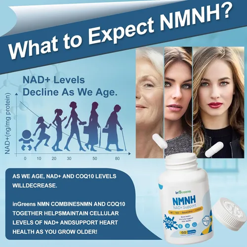 Vista 4 de inGreens 500 mg NMNH, alternativa de suplemento NMN con NR, TMG, resveratrol, COQ10, suplemento NAD, antienvejecimiento, energía, aumenta