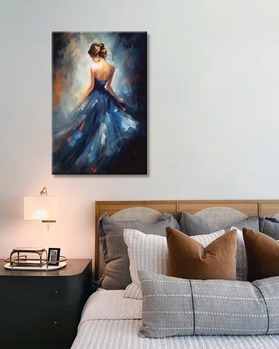 Vista 5 de GLOKAKA Pintura de niña bailarina, arte de pared para baño, abstracto, azul oscuro, brillante, sin espalda, vestido para niña, bailarina, lienzo