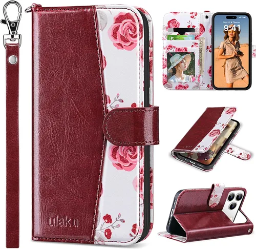 Vista 24 de ULAK Funda tipo cartera compatible con iPhone 15 Pro con tarjetero y diseño de flores, para mujeres y niñas, piel sintética, con función atril