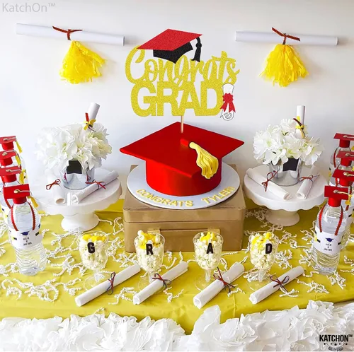Vista 3 de Katchon, Decoración de pastel de graduación con purpurina, 6.5 pulgadas, decoración de pastel de felicitación dorada para decoraciones de graduación