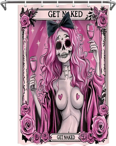Vista 9 de Divertida cortina de ducha de esqueleto de calavera rosa, para Halloween, gótica, rosa, rojo, rosa, floral, vino tinto, terror, terror, cortina