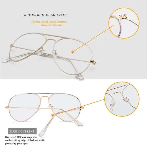 Vista 5 de HJSTES Gafas de Aviador con Lentes Transparentes de Luz Azul para Mujeres y Hombres, Montura de Piloto Clásica, Anteojos sin Prescripción