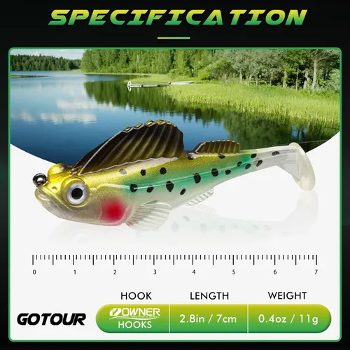 Vista 2 de GOTOUR Pre-Rigged Soft Fishing Lures with Weedless Hook, Lifelike Paddle Tail Swimbaits for Bass Fishing, Freshwater & Saltwater Fishing Bait