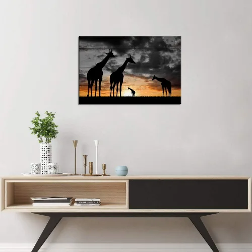 Vista 5 de Lienzo decorativo para pared, diseño de jirafas, diseño de paisaje de atardecer dorado de África, impresiones de animales en blanco y negro