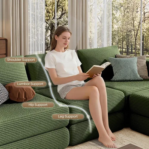 Vista 3 de Sofá modular sin hueso en forma de L, sofá cama convertible con 3 almohadas, no requiere montaje, ahorro de espacio para apartamento pequeño Verde