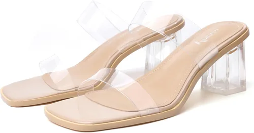 Vista 8 de vivianly Sandalias de tacón transparente para mujer, tacones gruesos transparentes, sin espalda, puntera abierta, sin cordones, zapatos de vestir