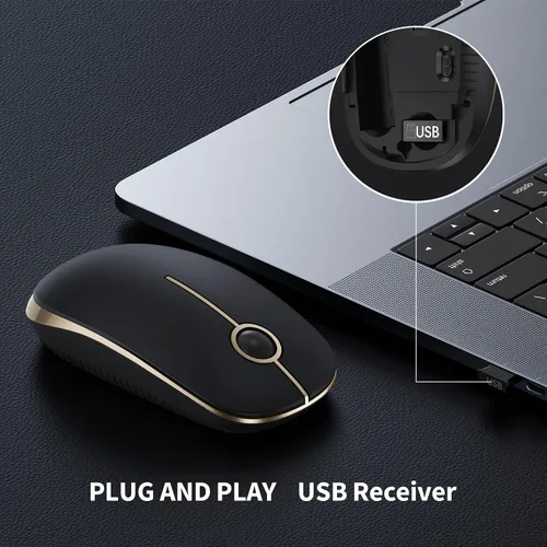 Vista 3 de VssoPlor Ratón inalámbrico, 2.4G Slim Portable Computer Ratones con Nano Receptor para Notebook, PC, Laptop, Computadora (negro y dorado)