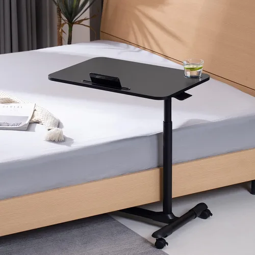 Vista 2 de ETHU Mesa de cama con elevador hidráulico, mesa de cama ajustable de altura de 27.1 a 34.2 pulgadas con ruedas bloqueables, mesa de grano de madera