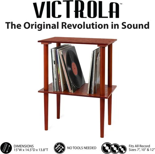 Vista 3 de Victrola Soporte de madera para centros de música de madera con estante para discos, caja de discos de madera de caoba y Victrola