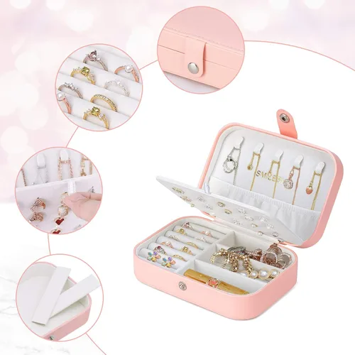 Vista 7 de Smileshe Joyero estuche de viaje portátil pequeño de piel sintética organizador de 2 capas caja de almacenamiento para anillos aretes collares