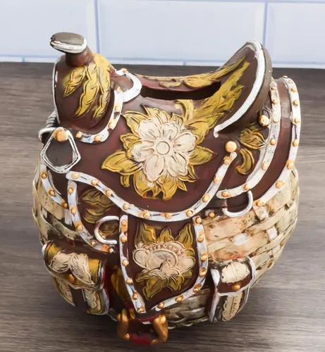 Vista 2 de Ebros Gift Silla de caballo de vaquero marrón rústico con diseño floral y de mimbre con diseño de cesta de dinero, moneda de ahorro, hucha de 5.5