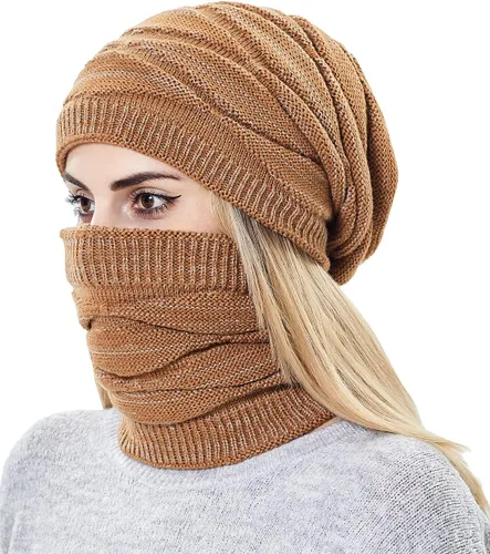 Vista 4 de Conjunto de gorro y bufanda para mujer para niñas, gorro de esquí de invierno de punto cálido con forro polar