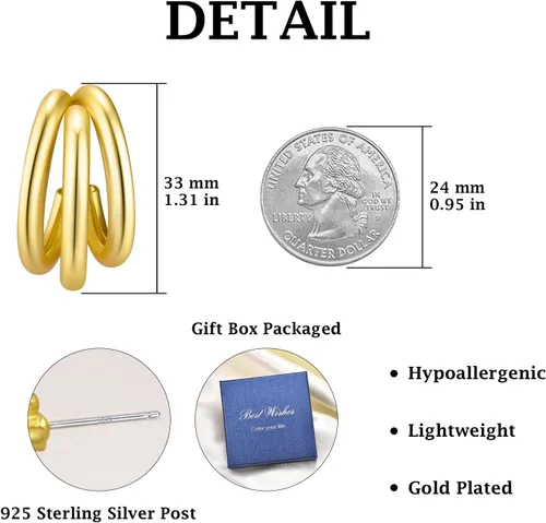 Vista 5 de JIAYIQI Aretes de aro gruesos de oro para mujer, plata de ley 925, hipoalergénicos, chapados en oro, ligeros, abiertos, joyería de moda para regalo