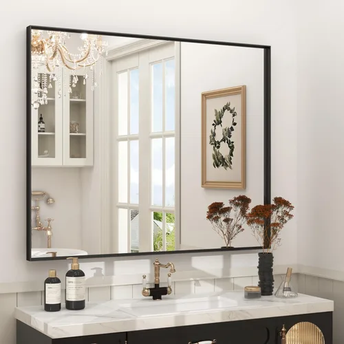 Vista 87 de Paquete de 2 espejos de baño con marco de metal negro de 22 x 30 pulgadas, espejo rectangular redondeado negro mate, antioxidante, se cuelga