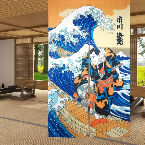 Vista 15 de LIGICKY Cortina japonesa Noren para puerta, diseño de círculo, estampado, para decoración del hogar, 33.5 x 59 pulgadas